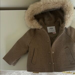 Zara Tan Hooded Coat with Faux Fur